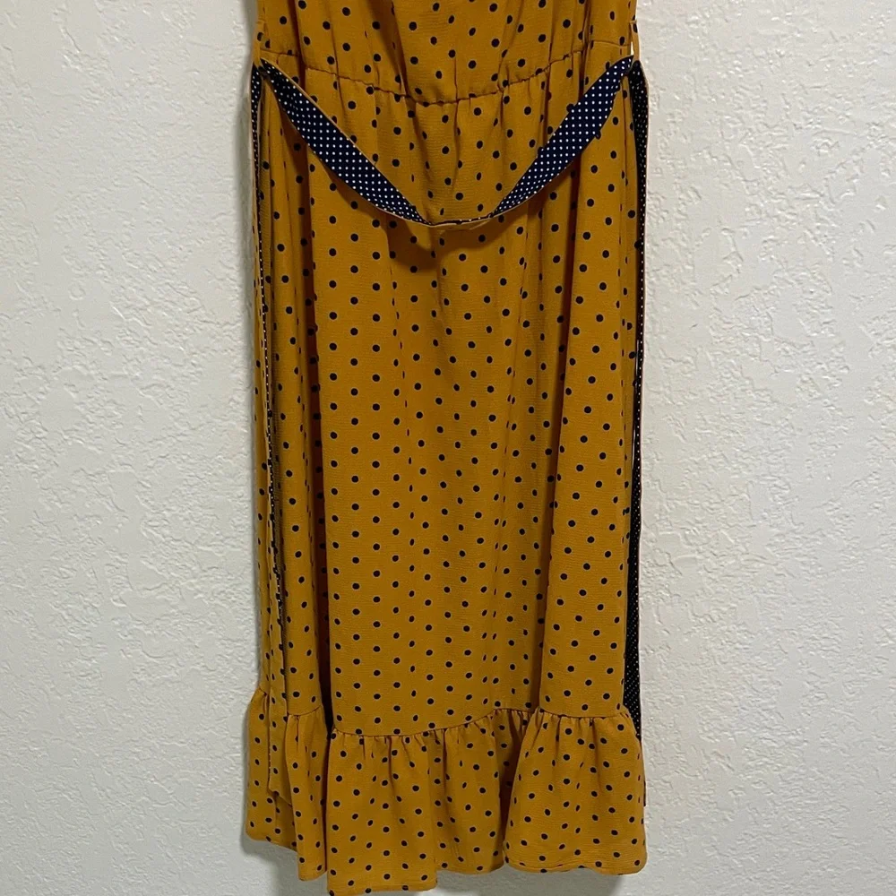 Wrapper Mustard Polka Dot Midi Dress with Navy Accent - Picture 4 of 11